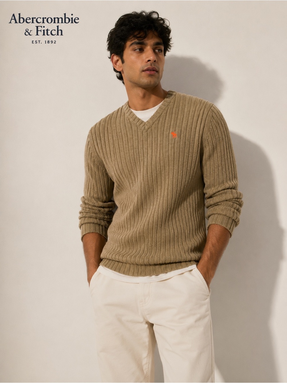Abercrombie & Fitch Muscle Fit Ribbed V-Neck Cotton Sweater Tan Men’s Large